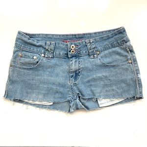 ♦️One Tuff Babe Blue Cut Ripped Distressed Studded Jean Shorts Denim Jorts